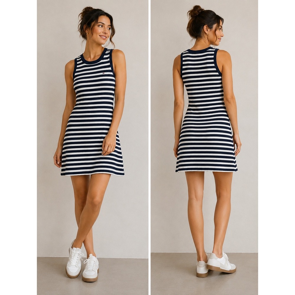 Tommy Hilfiger Y2K Ribbed Mini Dress S Navy White Sleeveless Casual Summer